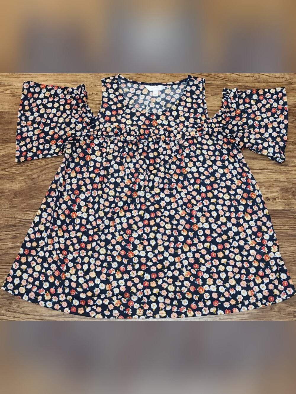 LC Lauren Conrad Navy Floral Cold-Shoulder Top
